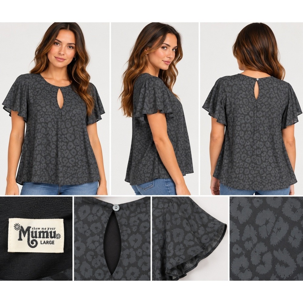 Show Me Your Mumu Womens Large Grey Leopard Print Flutter Sleeve Keyhole Blouse